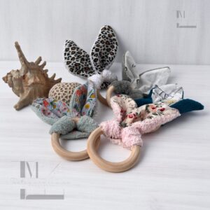 Anneau de dentition hochet bébé – Tissu Oeko-Tex & bois naturel