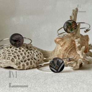 Bracelet Jonc Argenté Ajustable, Cabochon Illustré Tendance